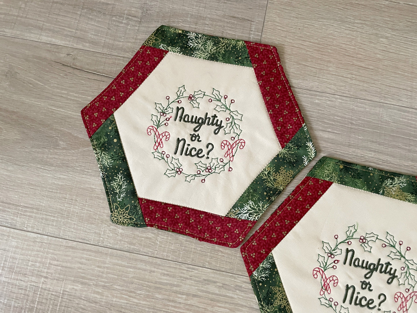 Christmas Mug Rugs, Holiday Quilted set of 2 Coasters, Handmade Snack Drink Mat, Embroidered Gift
