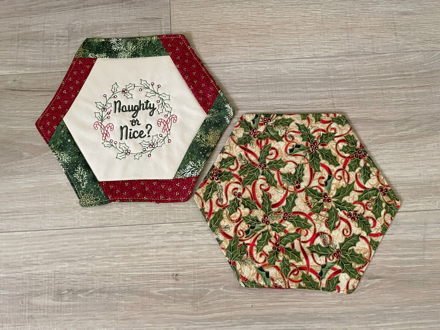 Christmas Mug Rugs, Holiday Quilted set of 2 Coasters, Handmade Snack Drink Mat, Embroidered Gift