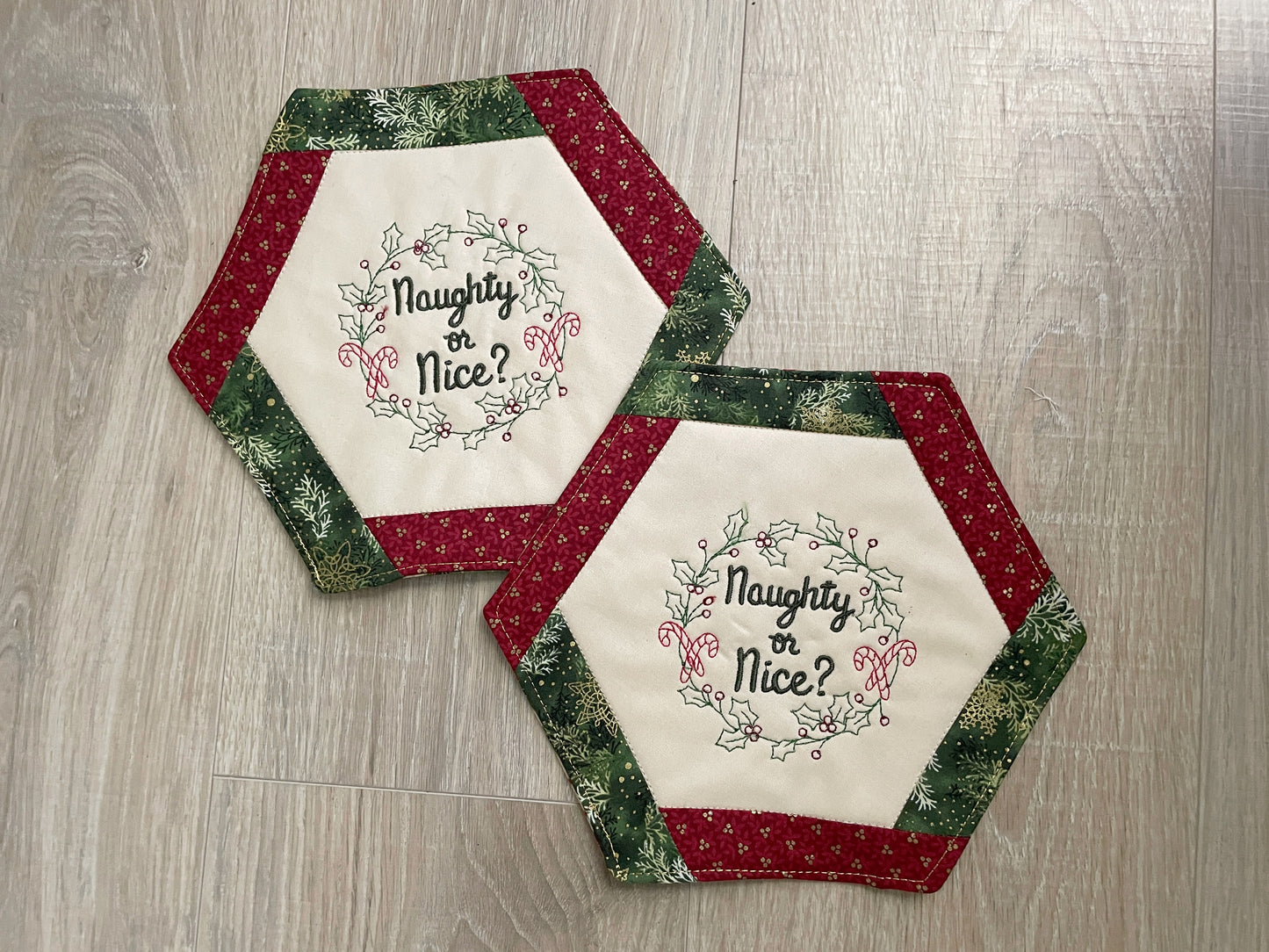 Christmas Mug Rugs, Holiday Quilted set of 2 Coasters, Handmade Snack Drink Mat, Embroidered Gift