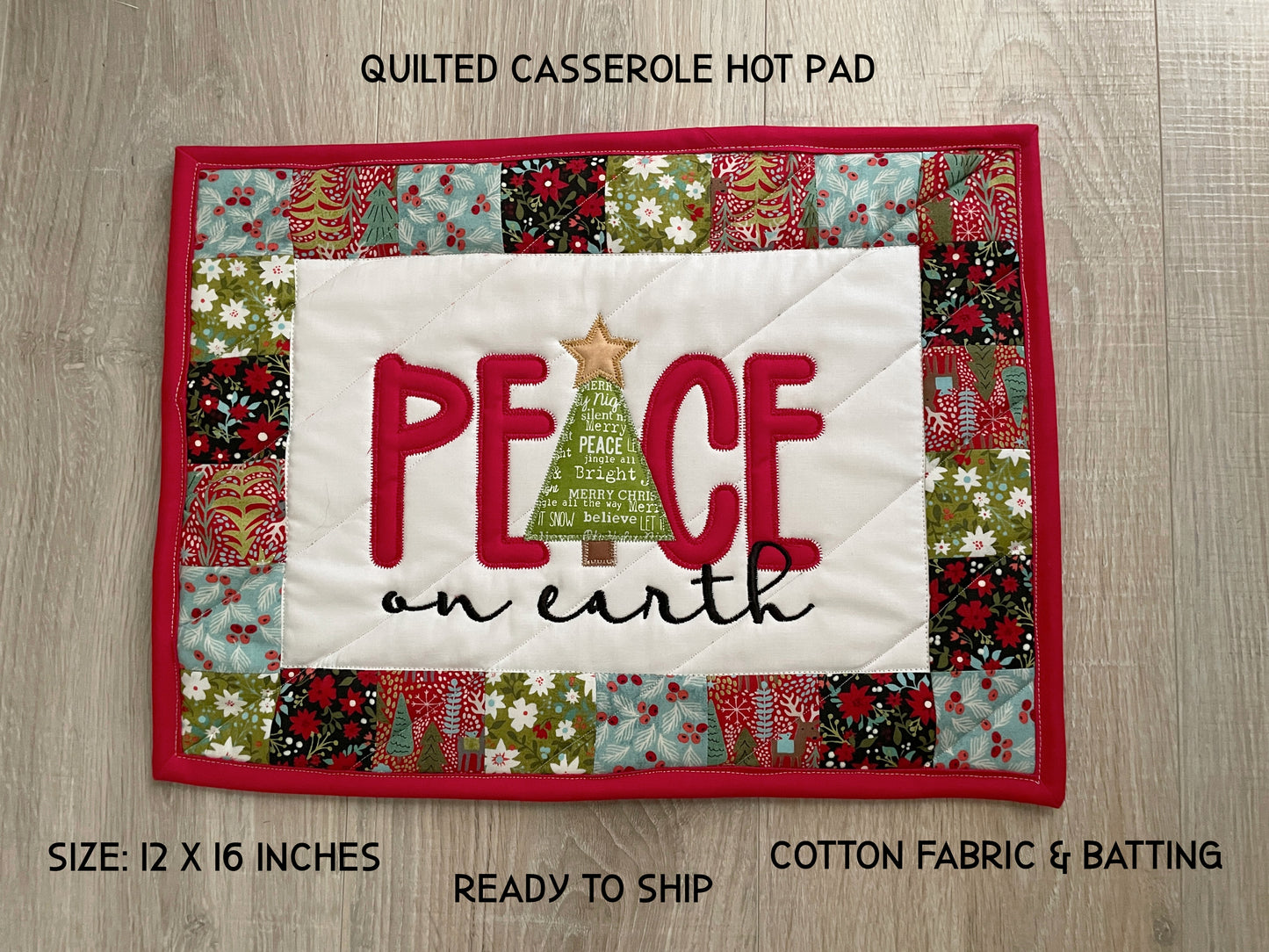 Quilted Christmas Large Casserole Hot Pad, Peace on Earth