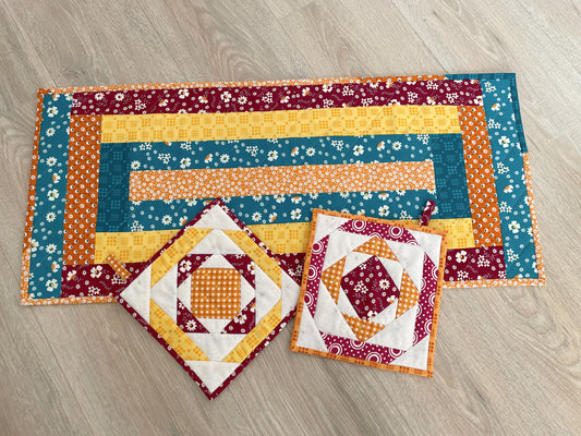 Quilted Table Runner and Hot Pad Gift Set - Vintage Kitchen Decor