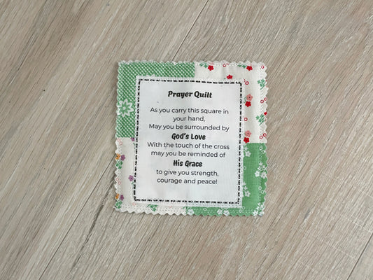 Mini prayer quilt with wooden cross and printed prayer poem