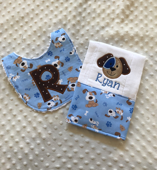 Baby Boy Gift Set Personalized Bib Burp Cloth, Smiling Puppy