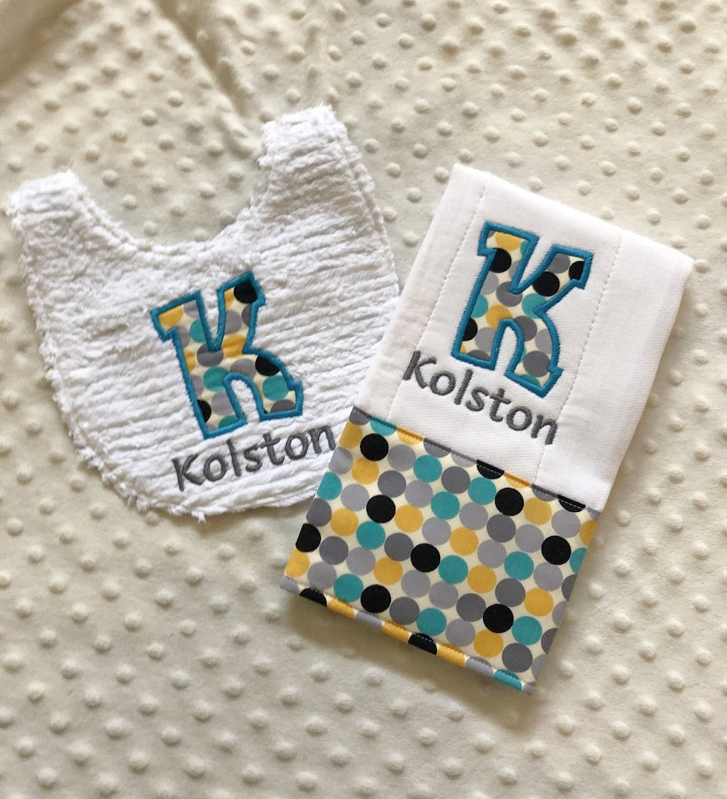 Custom Baby Bib and Burp Cloth in Teal and Gray Dots