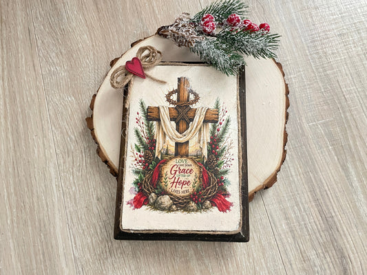 Christian Christmas Plaque – Love, Grace & Hope – Rustic 5x7 Wood Sign – Faith Home Décor