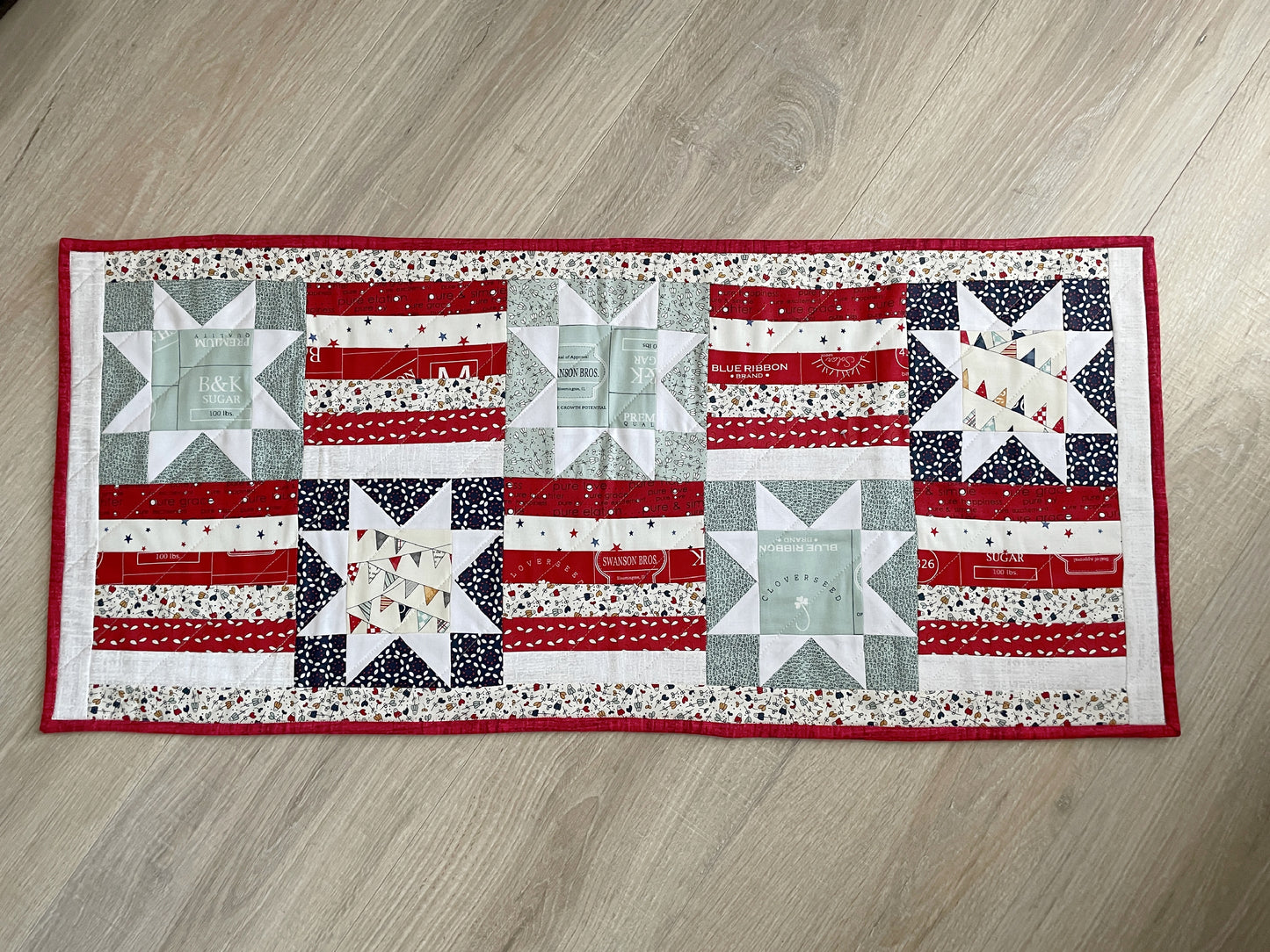 Quilted Patriotic Table Runner, Stars and Stripes Holiday Table Décor, 14 x 33 Inches
