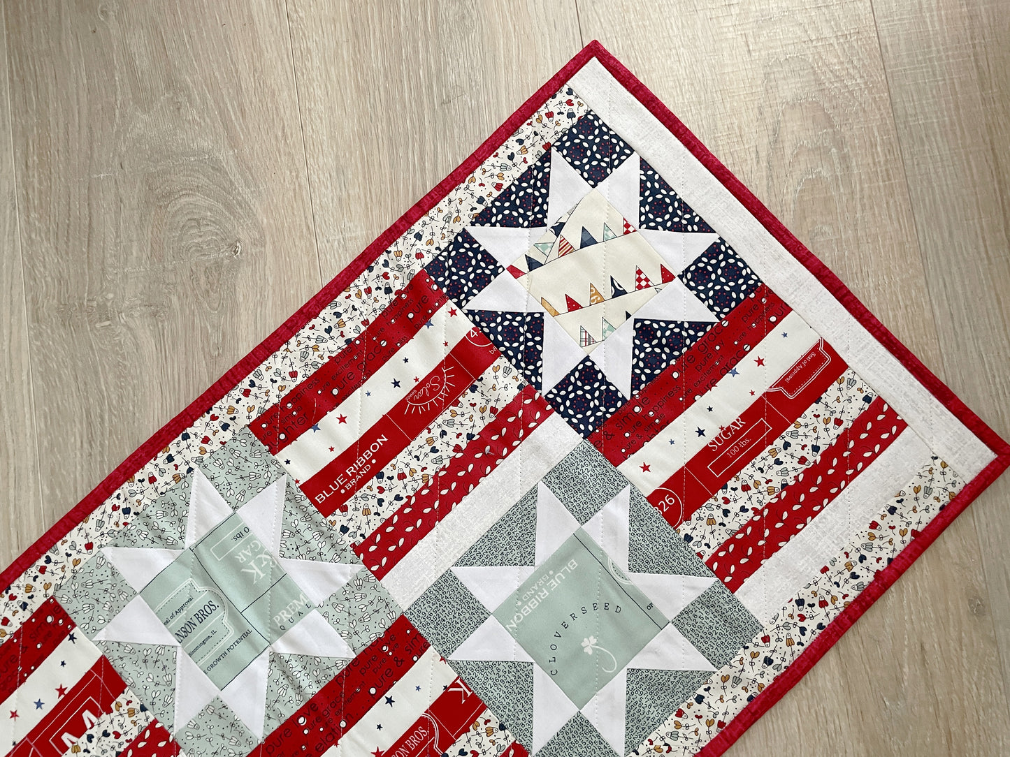 Quilted Patriotic Table Runner, Stars and Stripes Holiday Table Décor, 14 x 33 Inches