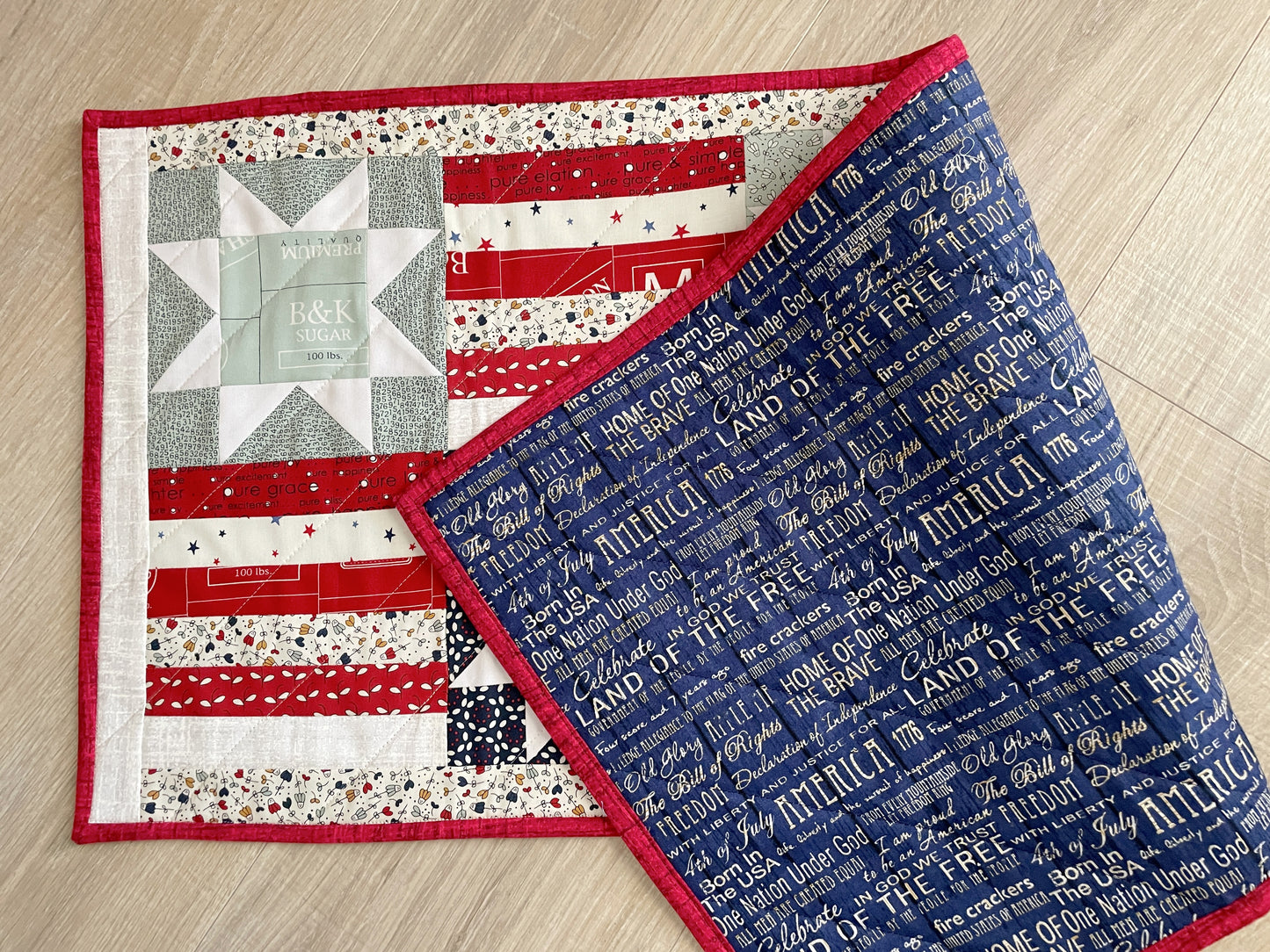Quilted Patriotic Table Runner, Stars and Stripes Holiday Table Décor, 14 x 33 Inches