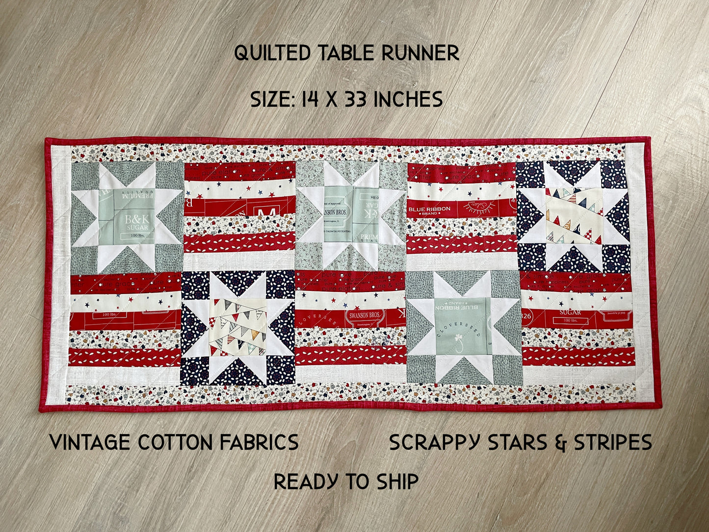 Quilted Patriotic Table Runner, Stars and Stripes Holiday Table Décor, 14 x 33 Inches