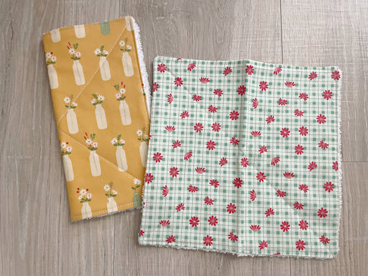 Handmade Quilted Cotton Dishcloths, Vintage Florals Set of 2