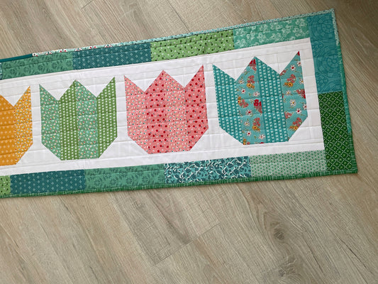 Quilted Spring Tulip Table Runner, Handmade Table Decor, Vintage Prints