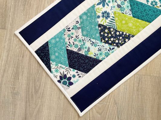 Quilted Table Runner – Blue & Green Wildflower Braid Pattern