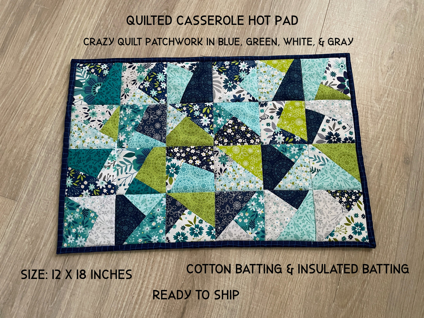 Quilted Insulated Hot Pad – Blue & Green Wildflower Patchwork