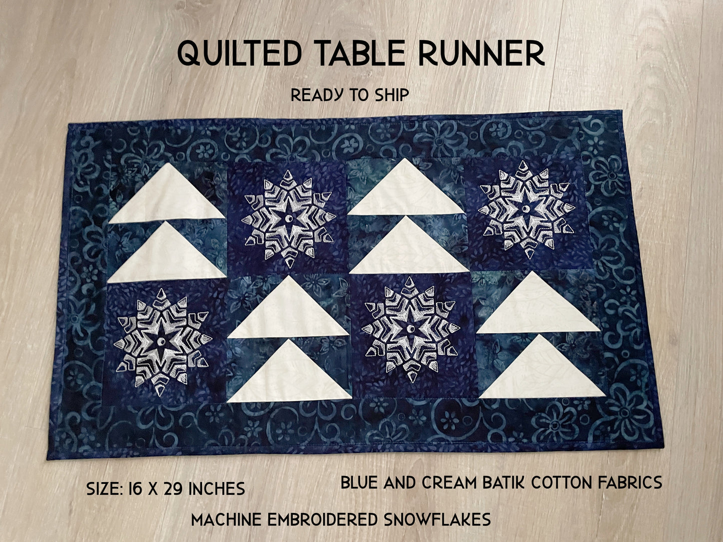 Winter Quilted Table Runner, Snowflake Centerpiece Runner, Blue and White Table Decor