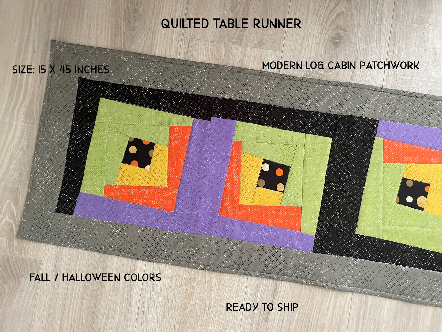 Halloween quilted table runner with bright wonky log cabin blocks