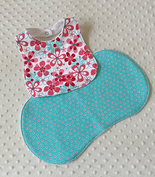 baby girl bib and burp cloth gift in aqua and red with retro flowers