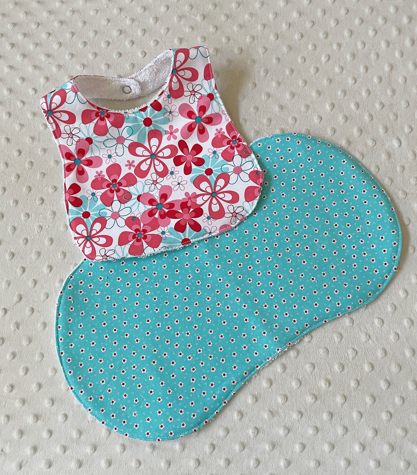 baby girl bib and burp cloth gift in aqua and red with retro flowers