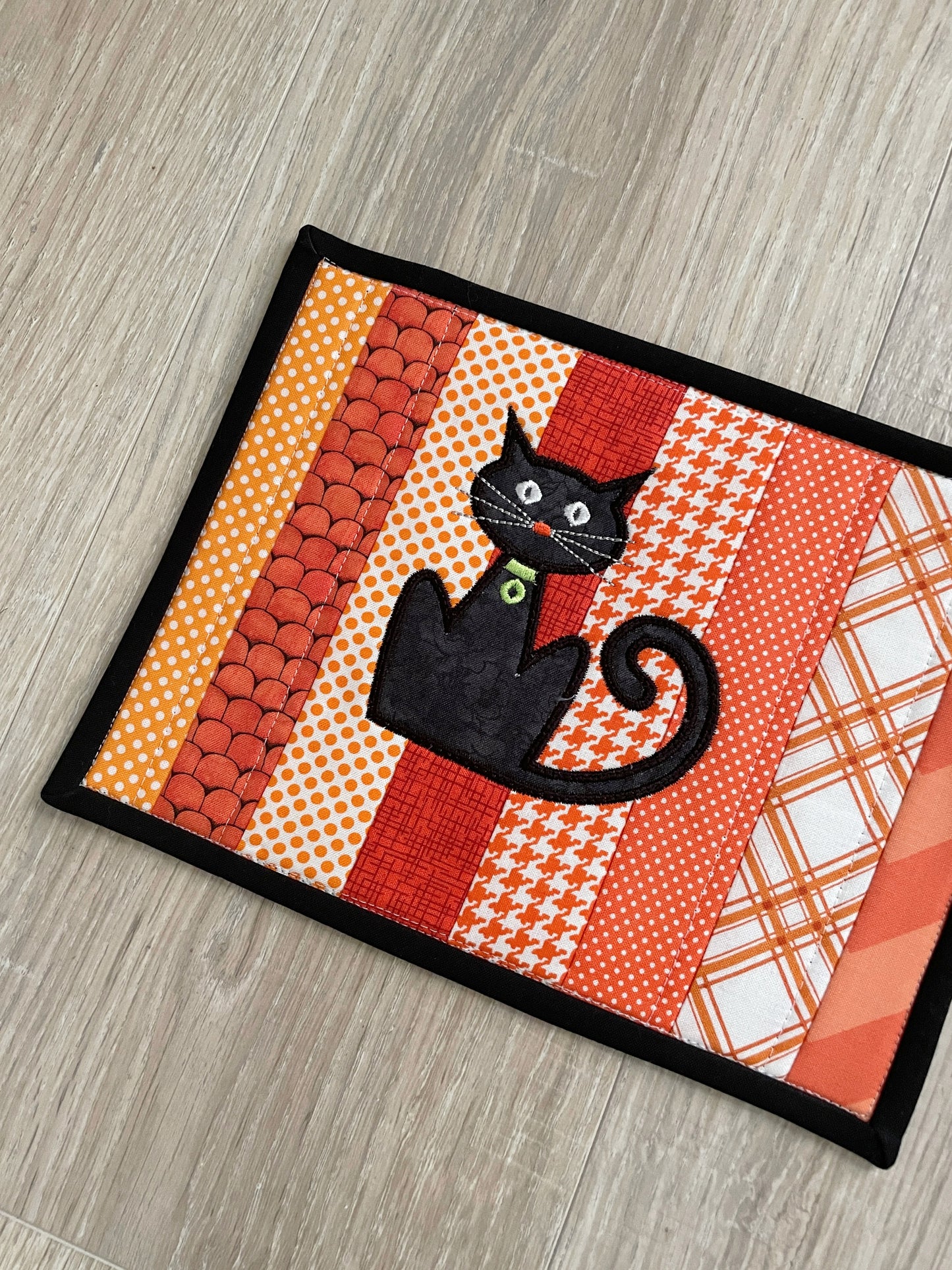 Cat Lover Mug Rug: Handmade Quilted Orange Snack Mat with Black Cat