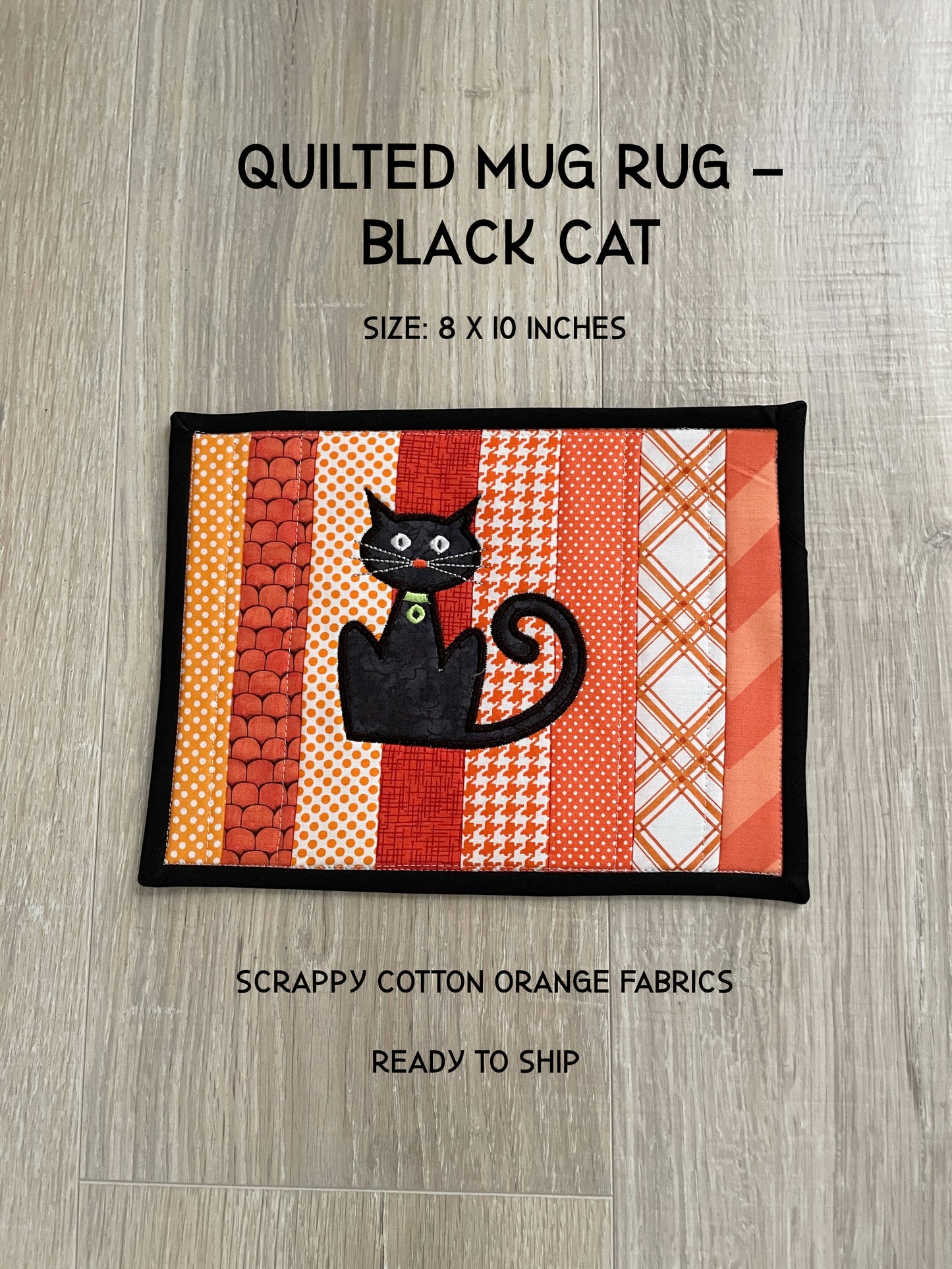 Cat Lover Mug Rug: Handmade Quilted Orange Snack Mat with Black Cat