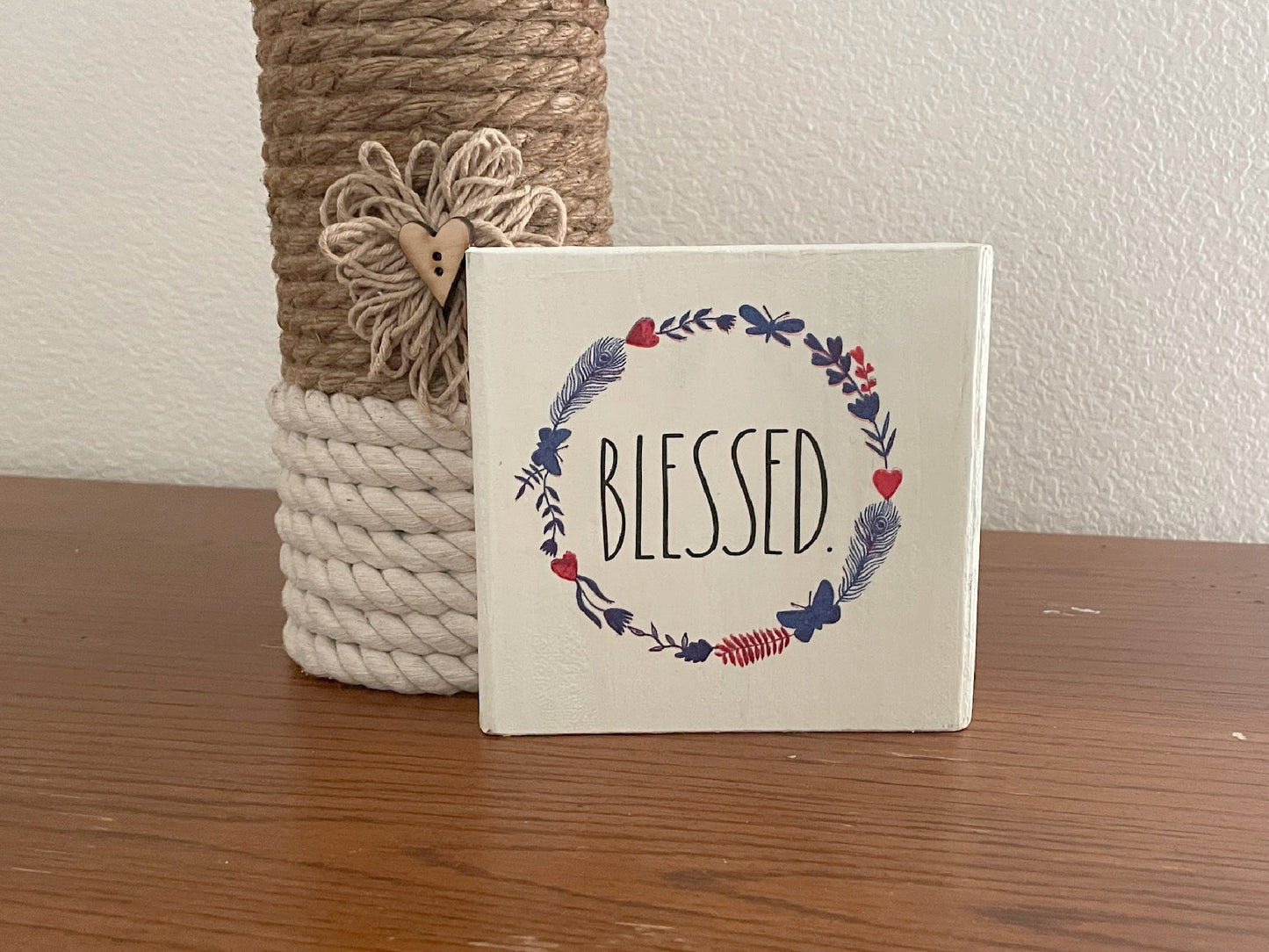 Patriotic Wood Block Sign, Tier Tray Shelf Sitter, Blessed Wreath Decor