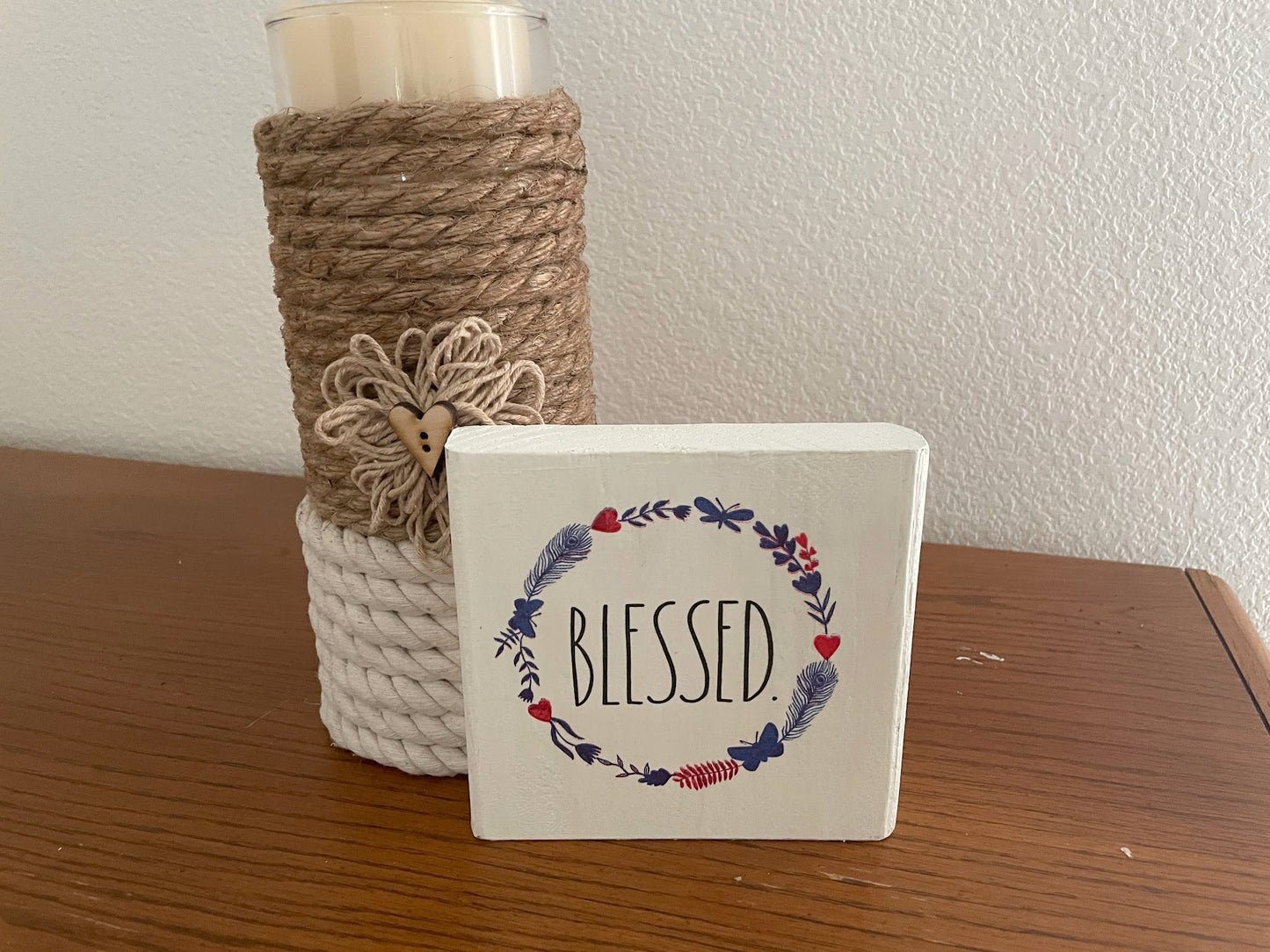Patriotic Wood Block Sign, Tier Tray Shelf Sitter, Blessed Wreath Decor