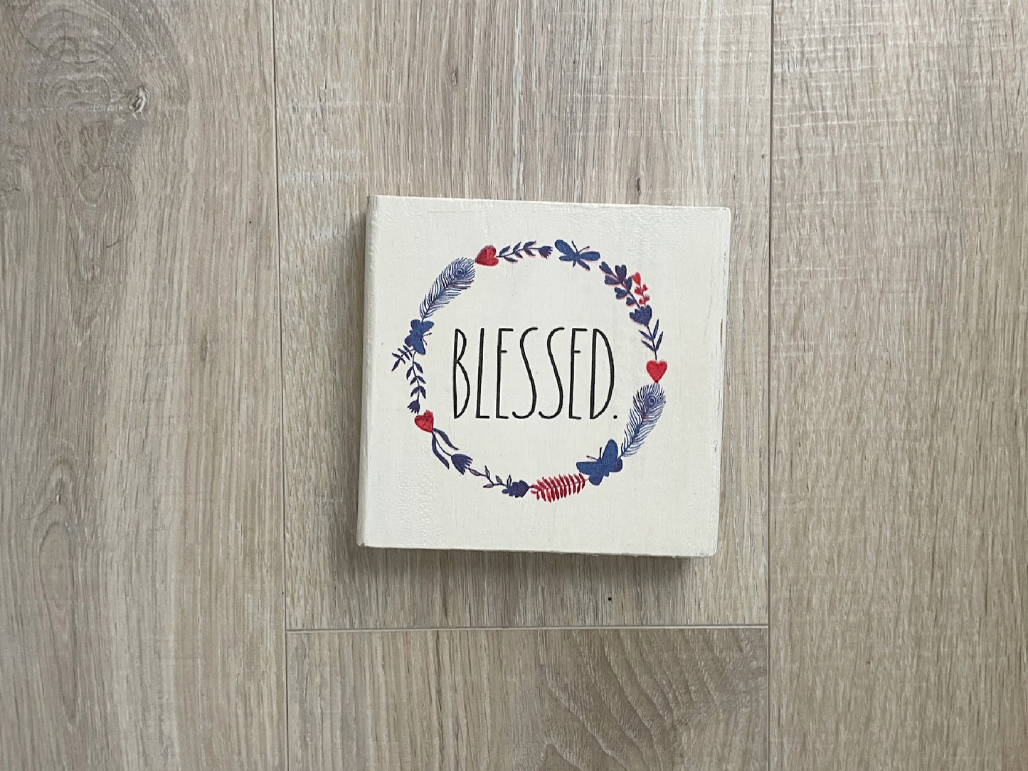 Patriotic Wood Block Sign, Tier Tray Shelf Sitter, Blessed Wreath Decor