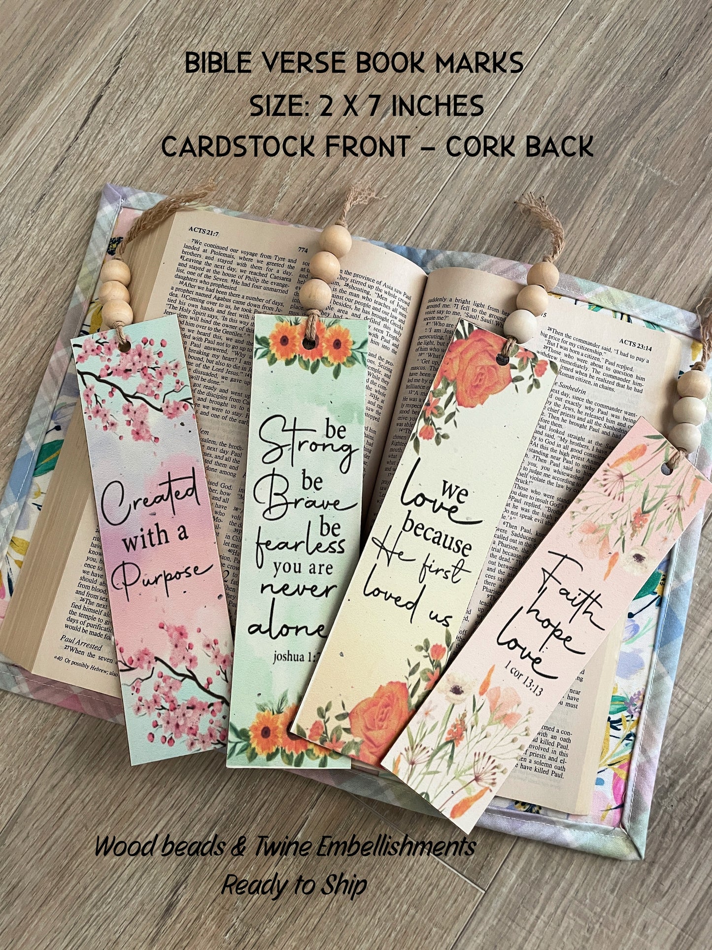 Floral Bible Verse Bookmarks, Set of 4 with Beaded Tassel, Bundle 1