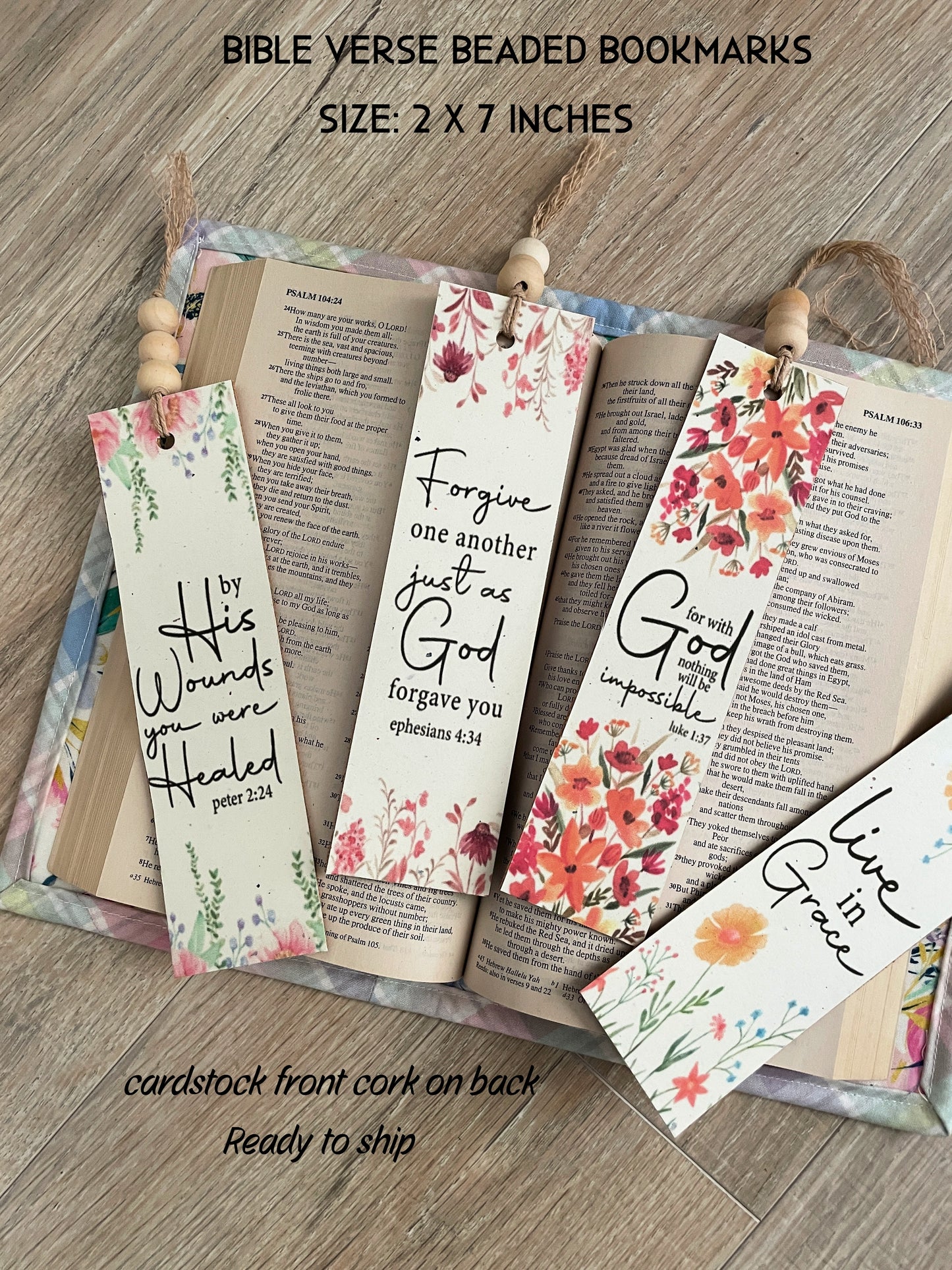 Floral Bible Verse Bookmarks, Set of 4 with Beaded Tassel, Bundle 3