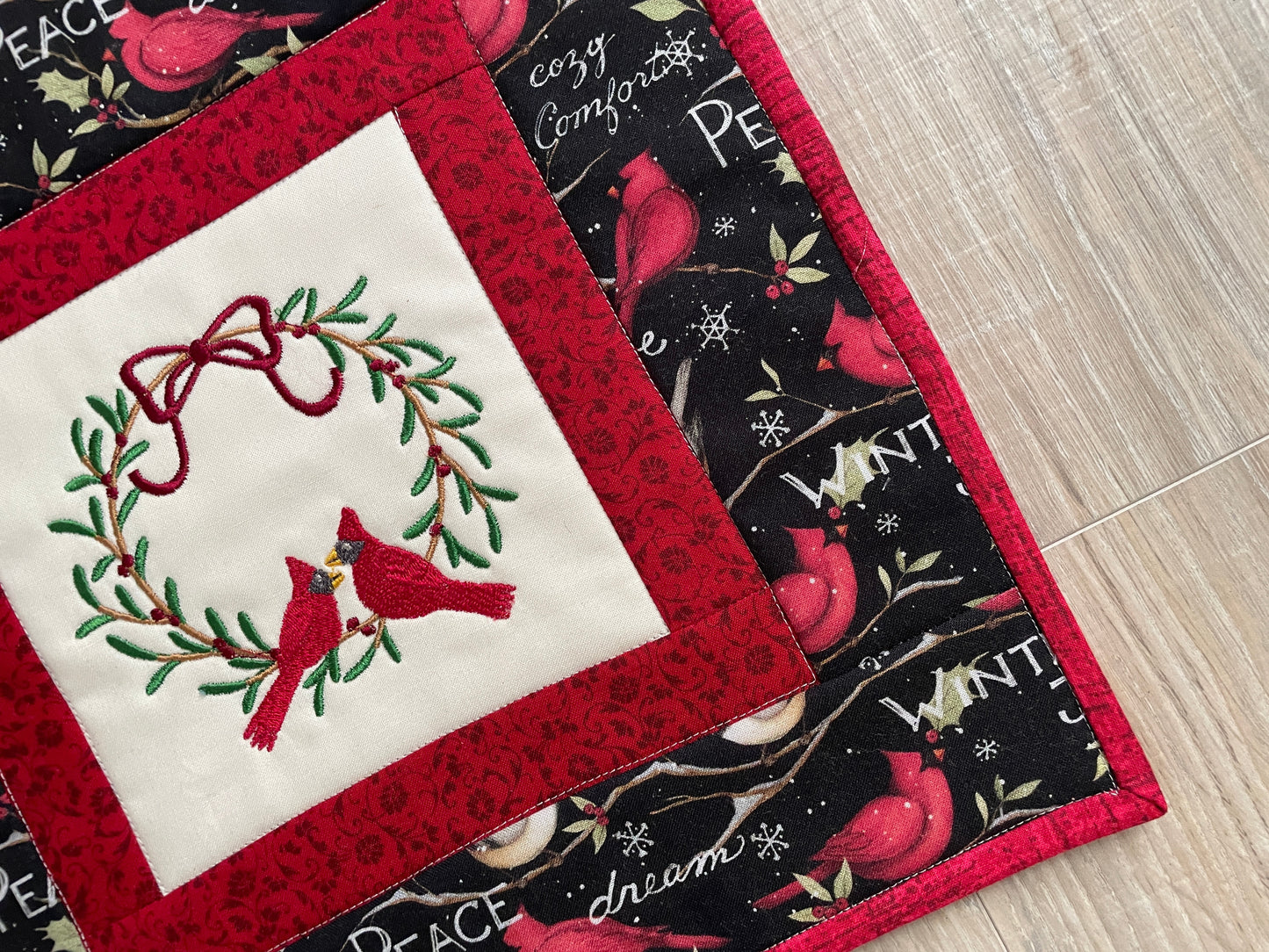 Quilted Christmas Mini Quilt, Cardinal Wall Hanging Holiday Decor