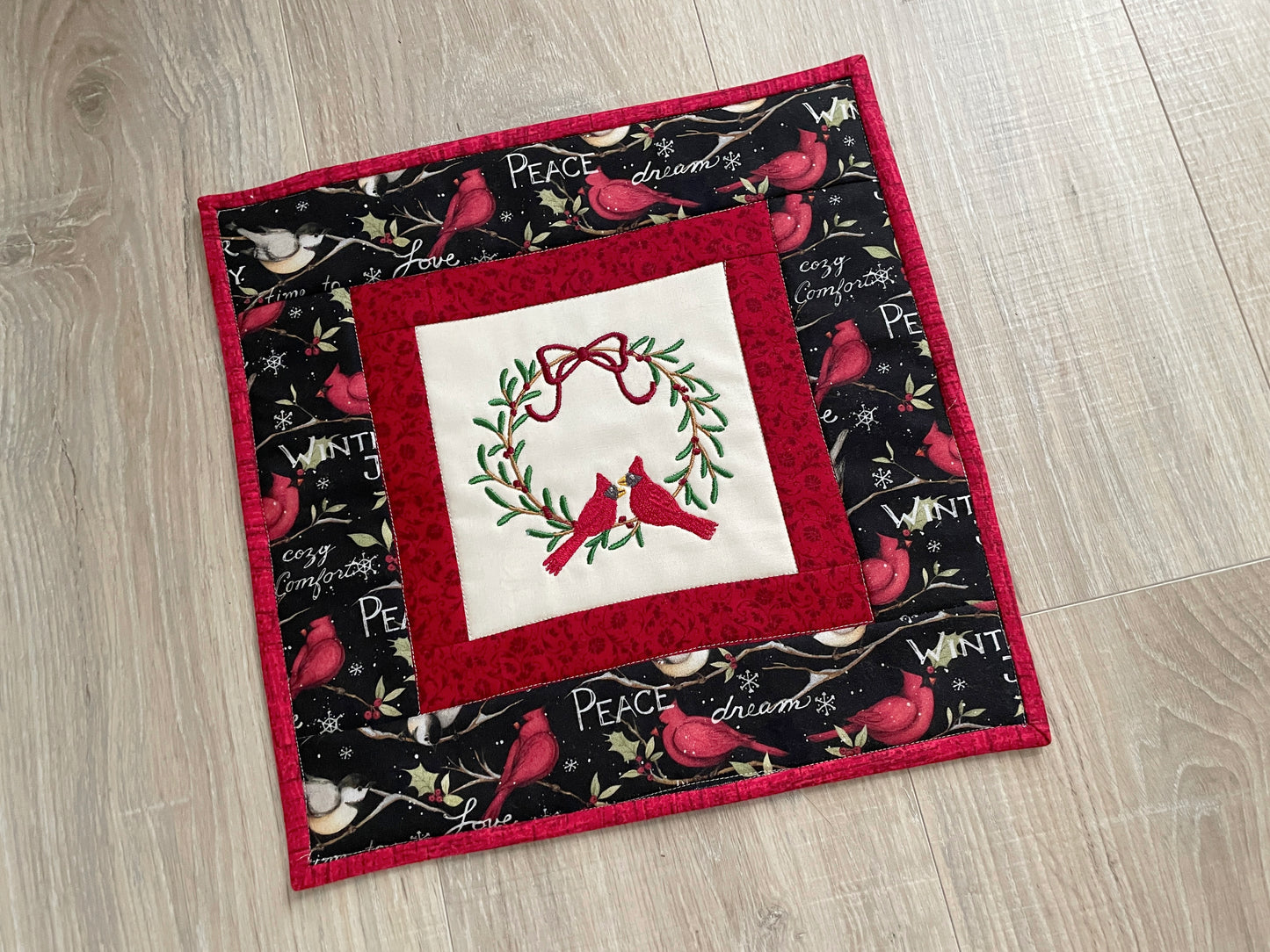 Quilted Christmas Mini Quilt, Cardinal Wall Hanging Holiday Decor