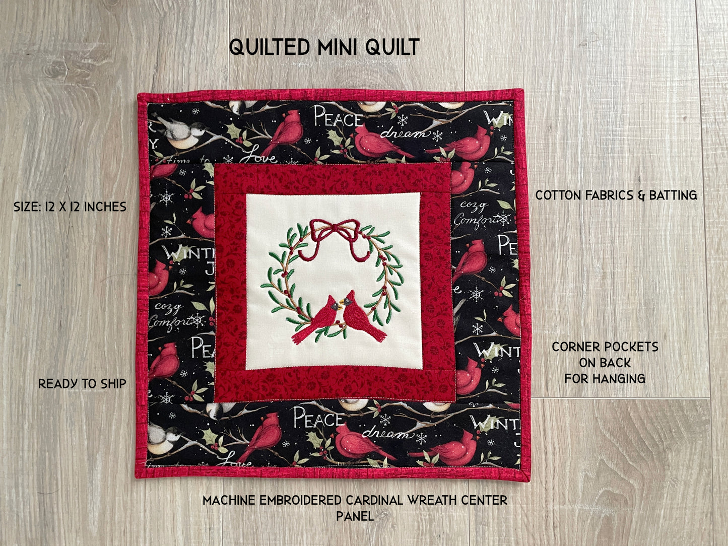 Quilted Christmas Mini Quilt, Cardinal Wall Hanging Holiday Decor