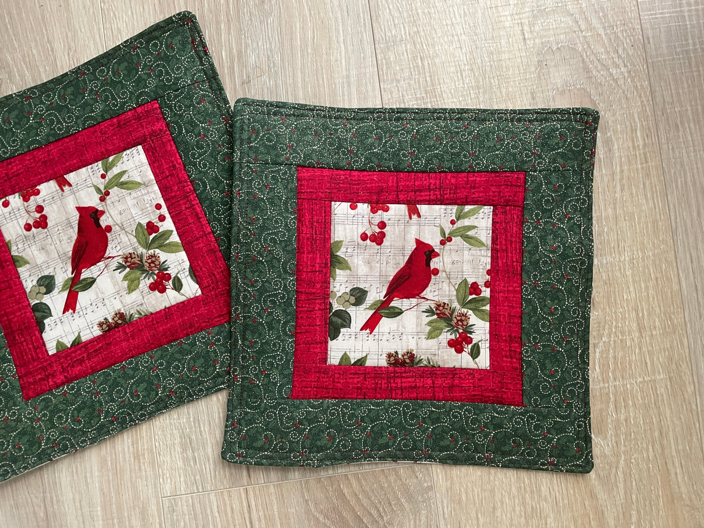 Set of 2 Large Handmade Christmas Potholders, Quilted Hot Pads