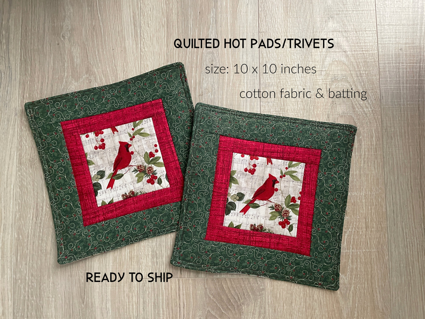 Set of 2 Large Handmade Christmas Potholders, Quilted Hot Pads