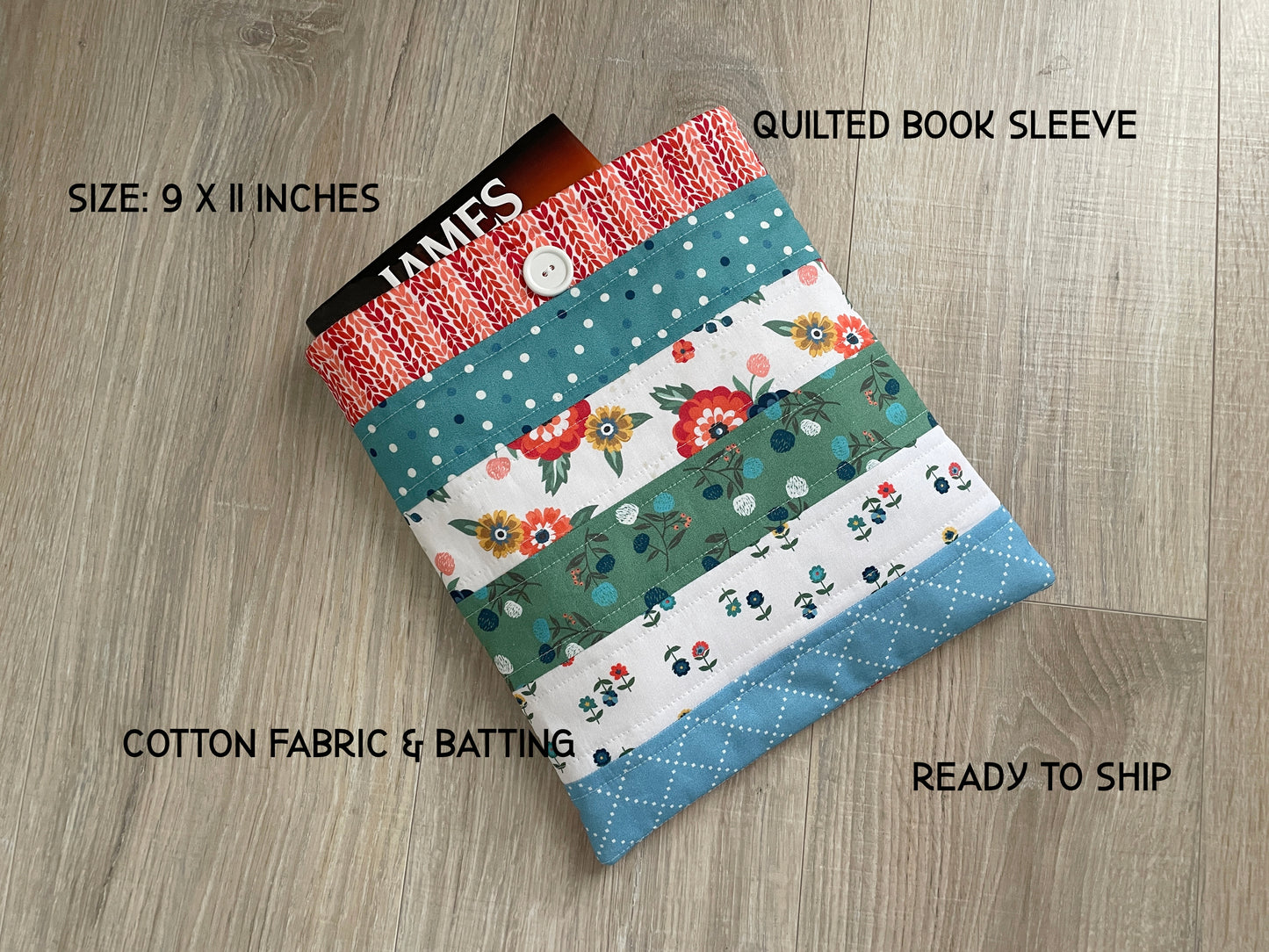 Handmade Quilted Book Cover, Patchwork Sleeve with Button Closure, Reading Gift