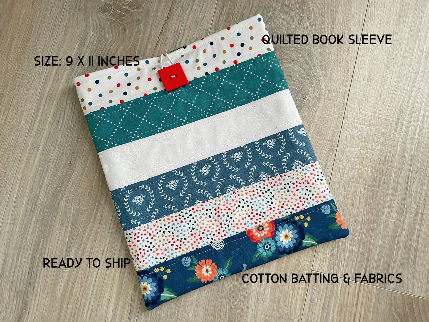 Handmade Quilted Book Cover, Patchwork Sleeve with Button Closure, Reading Gift