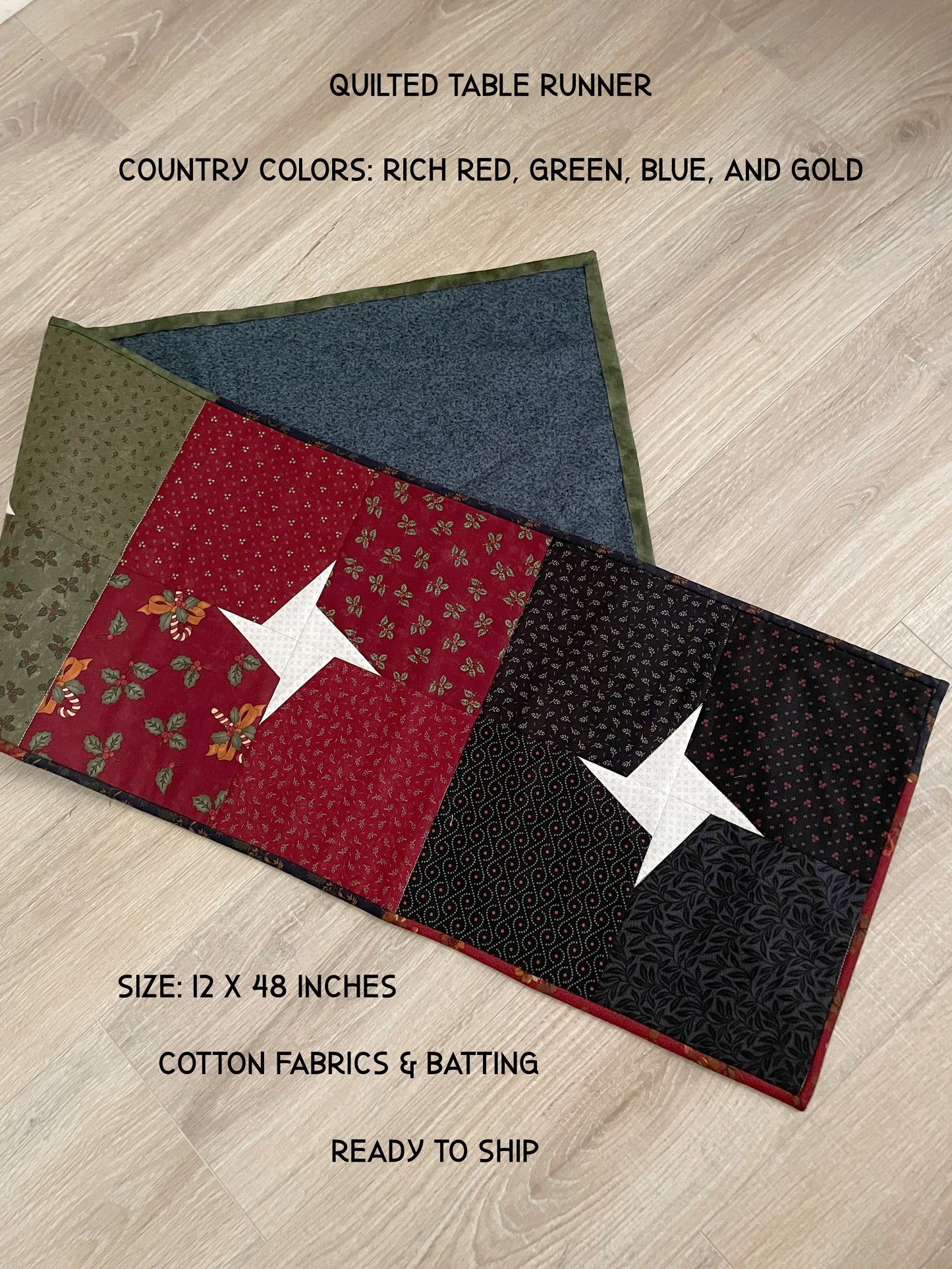 Handmade quilted table runner with sparkle‑star blocks in warm fall colors from the Sweet Holly collection.