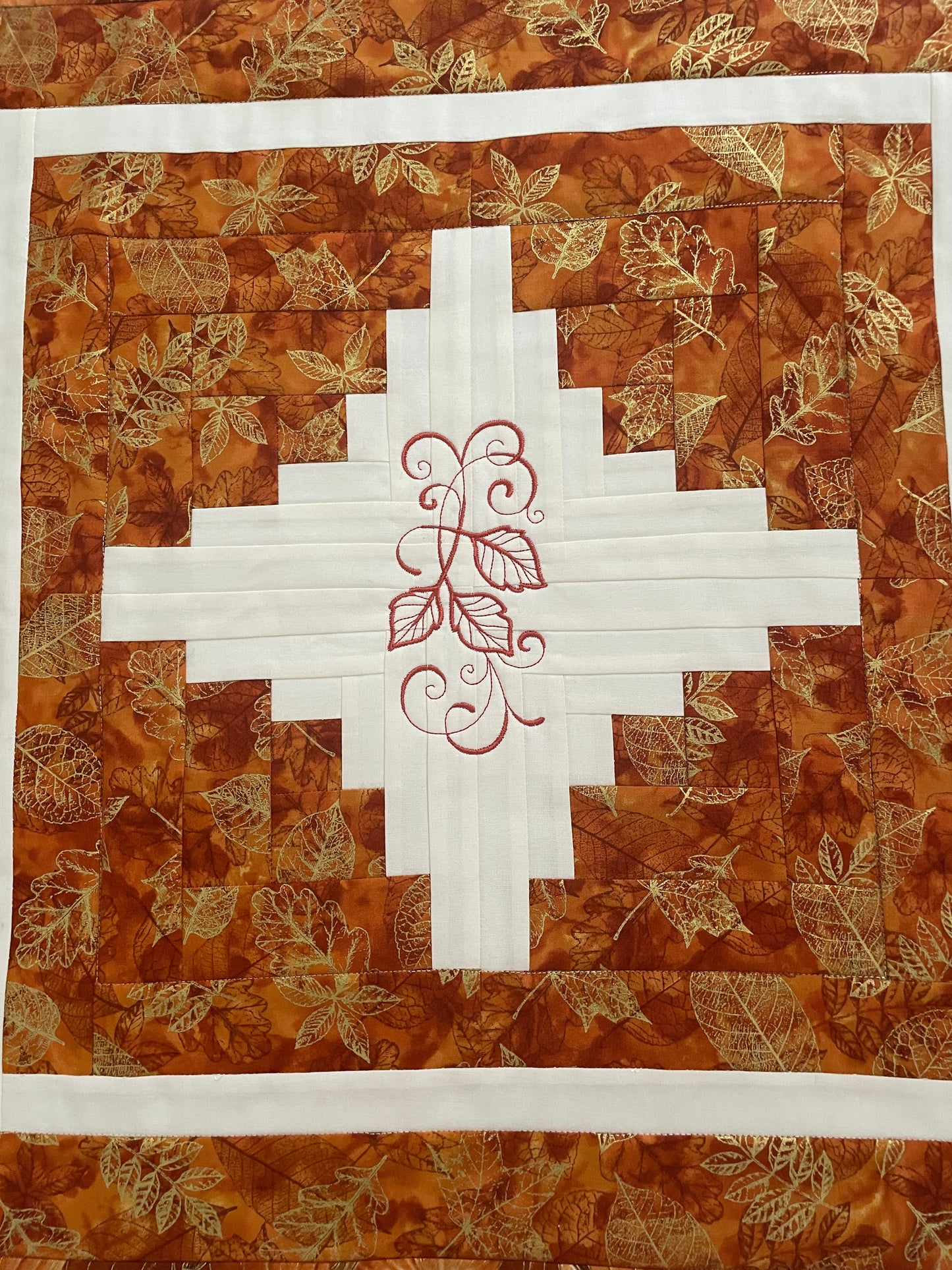 Quilted Fall Table Topper, Rust and Cream Log Cabin Centerpiece