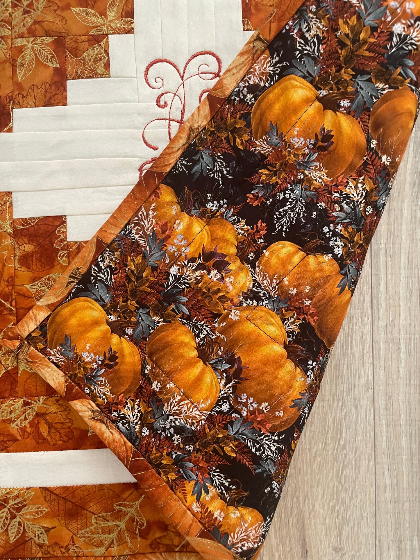 Quilted Fall Table Topper, Rust and Cream Log Cabin Centerpiece