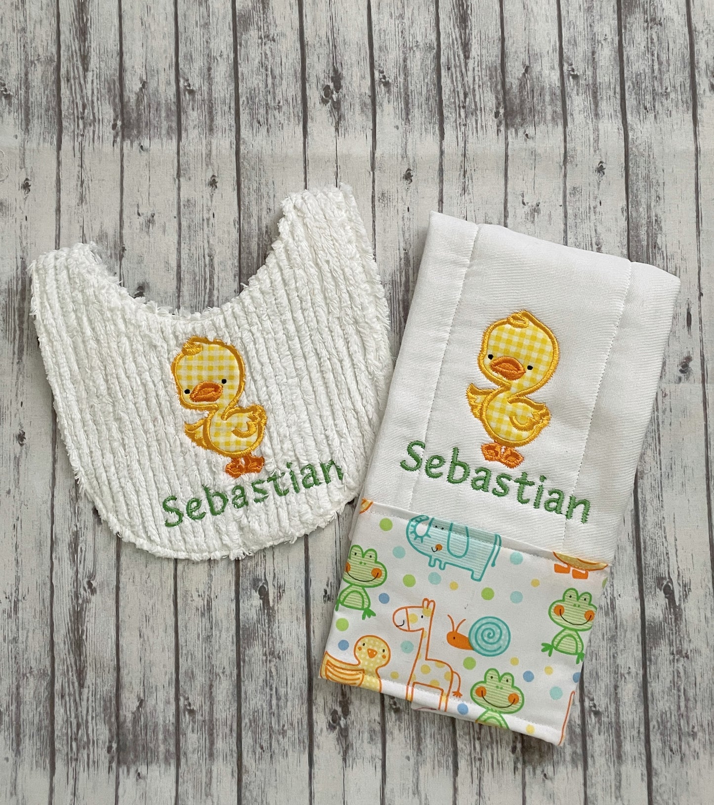 Adorable Yellow Duck Personalized Baby Bib and Burp Cloth Set - Thick White Chenille