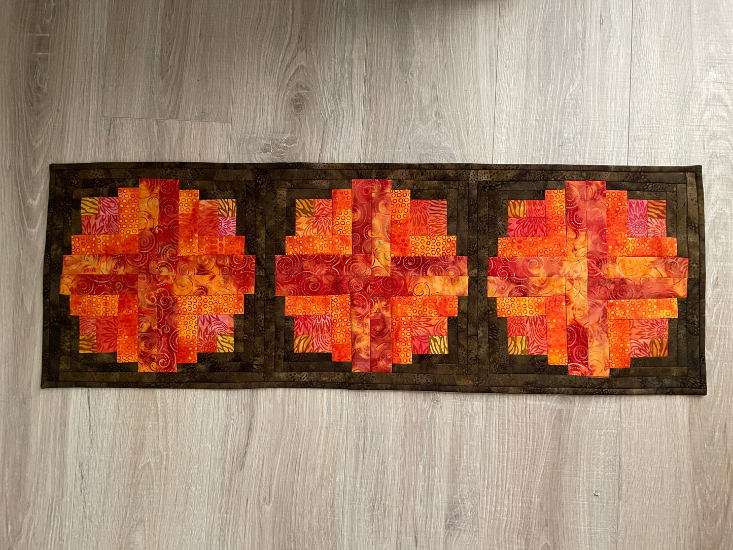 Log Cabin Fall Table Runner, 12 x 36 Quilted Autumn Decor in Brown and Orange, Farmhouse Table Decor