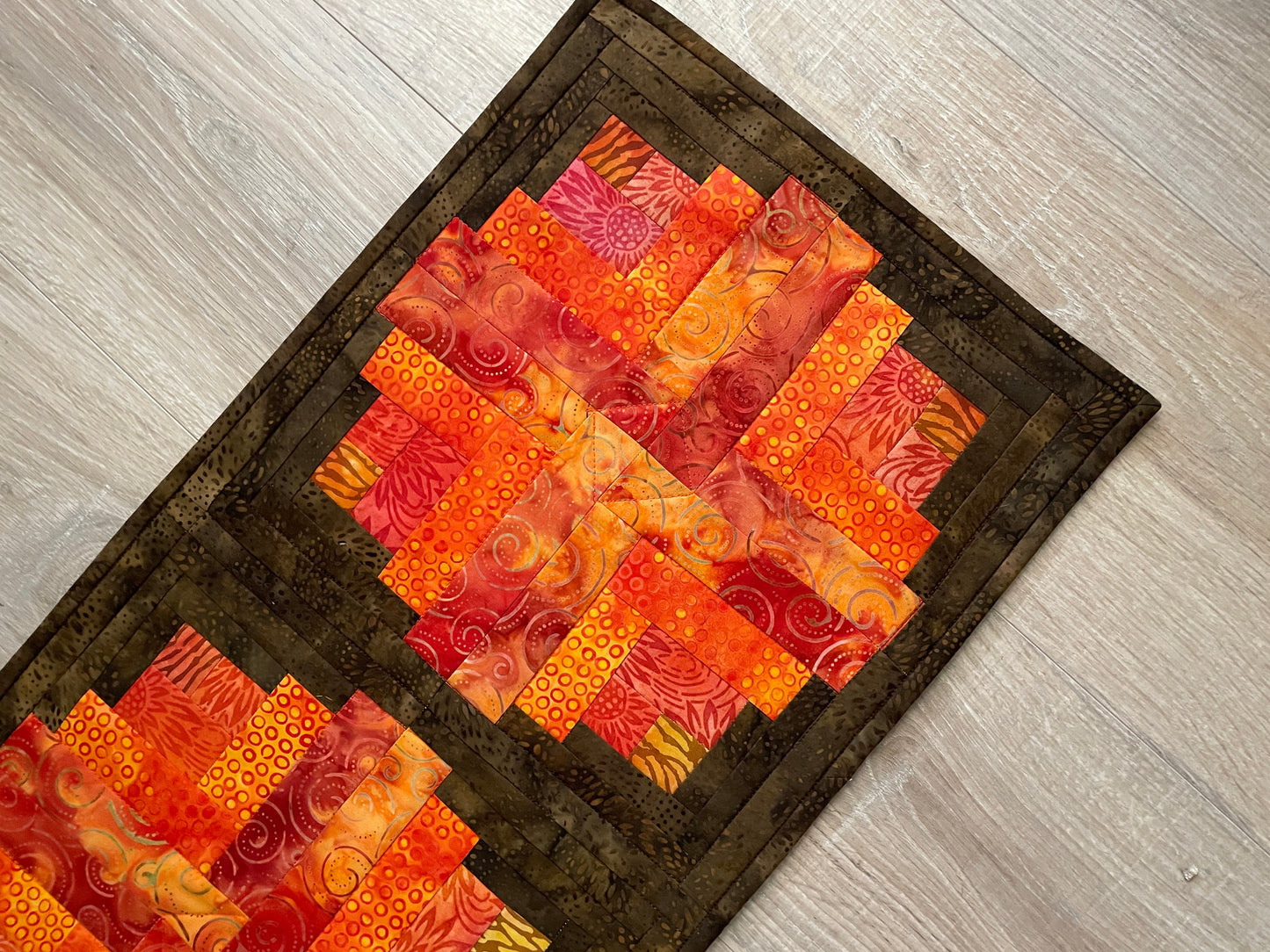 Log Cabin Fall Table Runner, 12 x 36 Quilted Autumn Decor in Brown and Orange, Farmhouse Table Decor