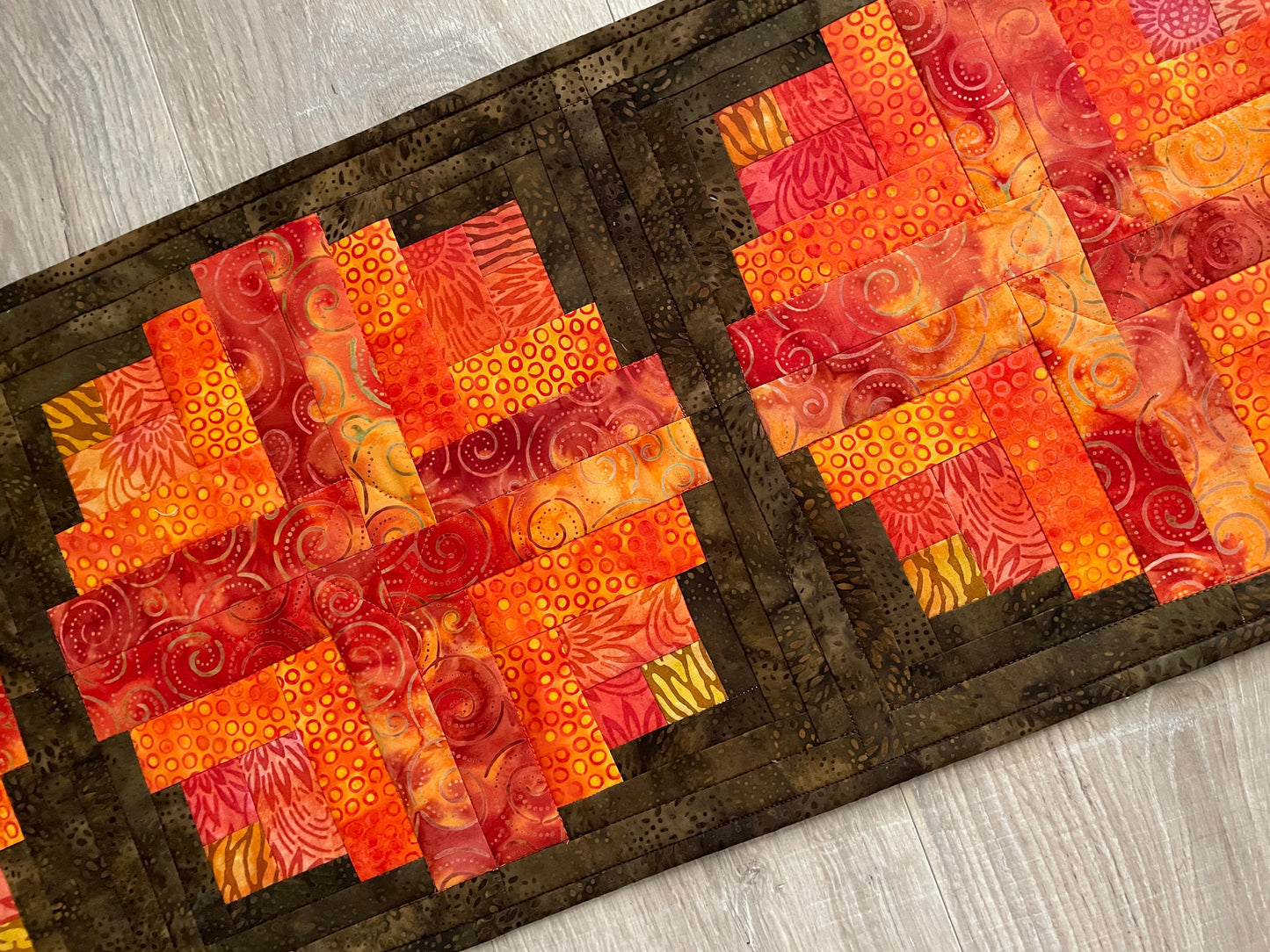 Log Cabin Fall Table Runner, 12 x 36 Quilted Autumn Decor in Brown and Orange, Farmhouse Table Decor