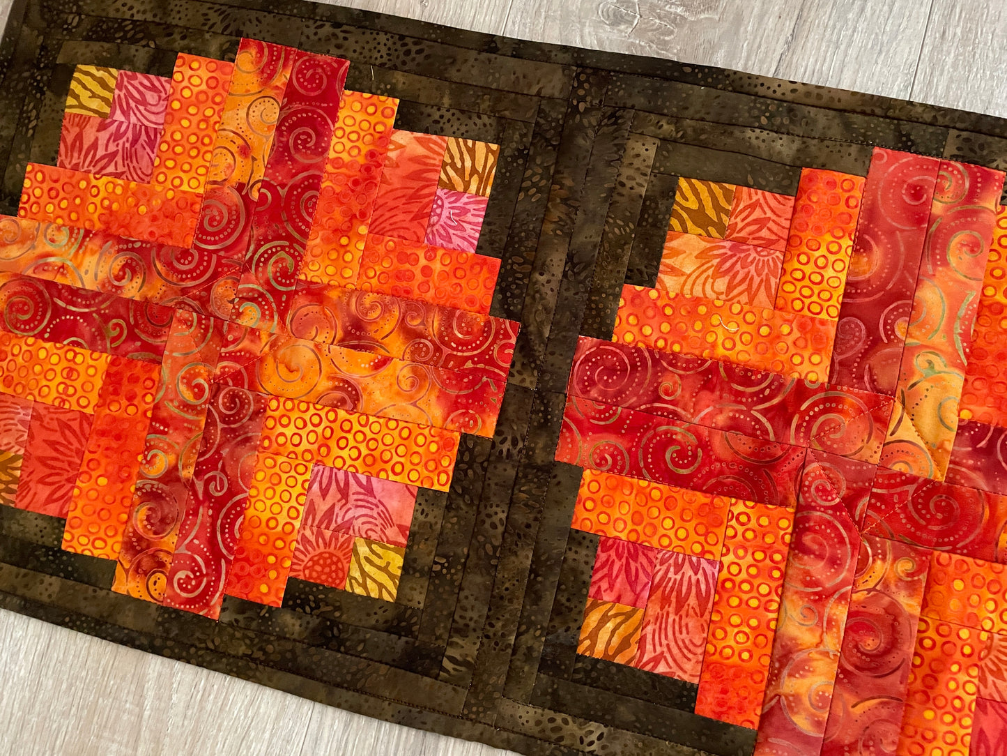 Log Cabin Fall Table Runner, 12 x 36 Quilted Autumn Decor in Brown and Orange, Farmhouse Table Decor