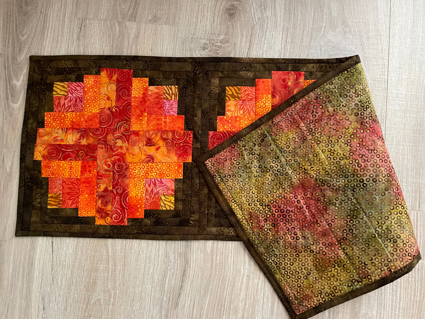 Log Cabin Fall Table Runner, 12 x 36 Quilted Autumn Decor in Brown and Orange, Farmhouse Table Decor