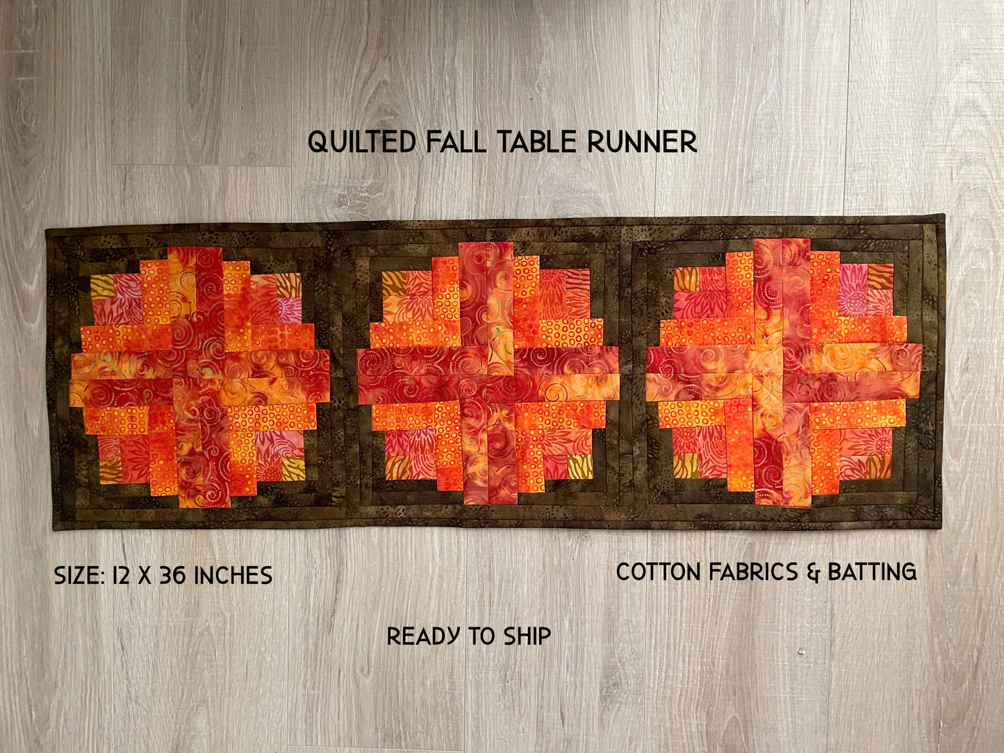 Log Cabin Fall Table Runner, 12 x 36 Quilted Autumn Decor in Brown and Orange, Farmhouse Table Decor
