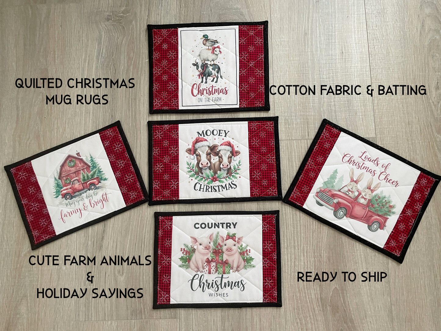 Five quilted Christmas mug rugs with farm‑themed holiday designs and red borders, available in multiple sizes.