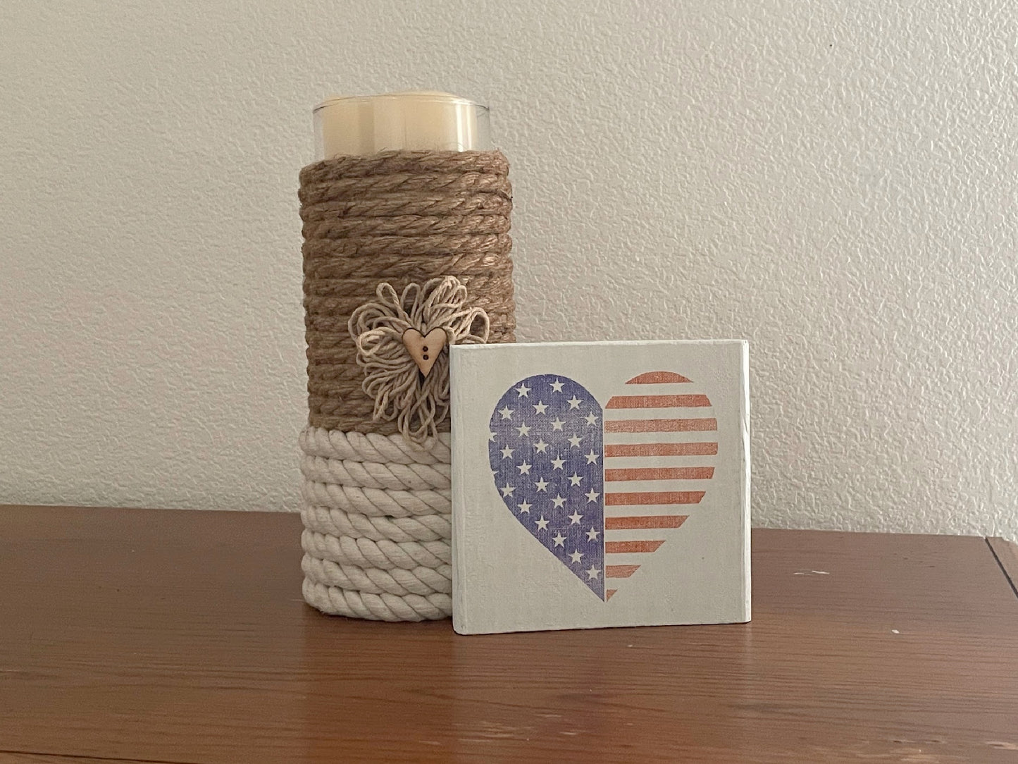 Patriotic Wood Block Sign, Tier Tray Shelf Sitter, American Flag Heart
