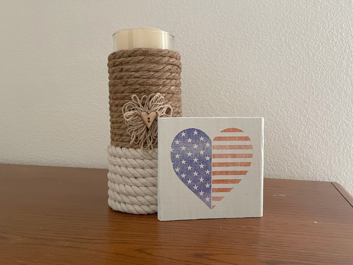 Patriotic Wood Block Sign, Tier Tray Shelf Sitter, American Flag Heart