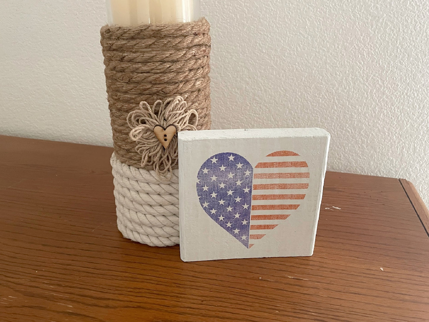 Patriotic Wood Block Sign, Tier Tray Shelf Sitter, American Flag Heart