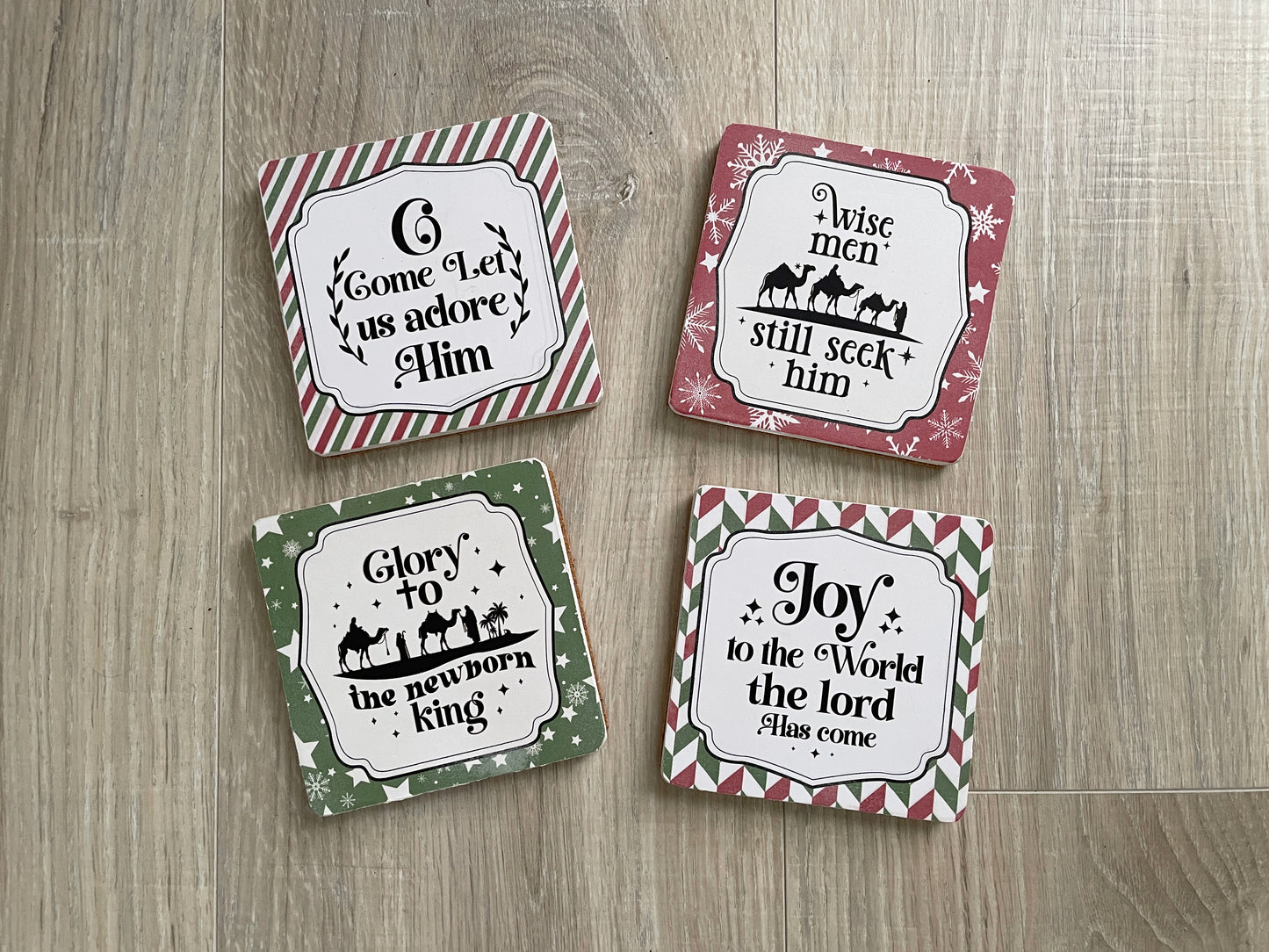 Christmas Wooden Coasters - Set of 4, Red and Green Faith-Based Holiday Decor, Christian Hostess Gift